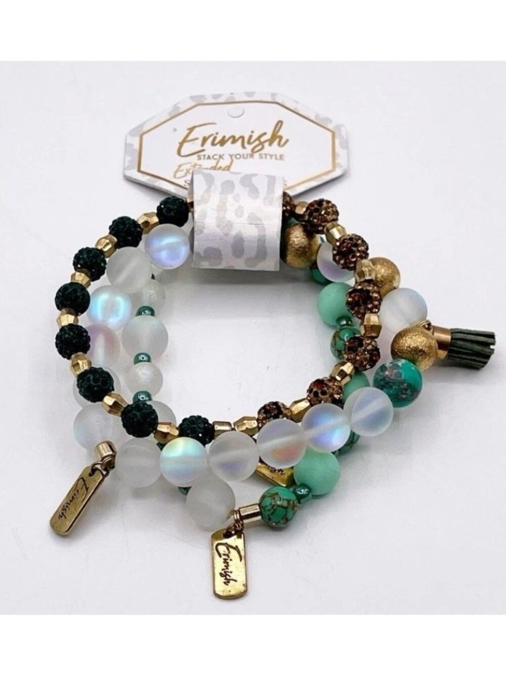 NWT Erimish 3-Piece Starter Stretch Bracelet Set Green & Iridescent Glow Beads